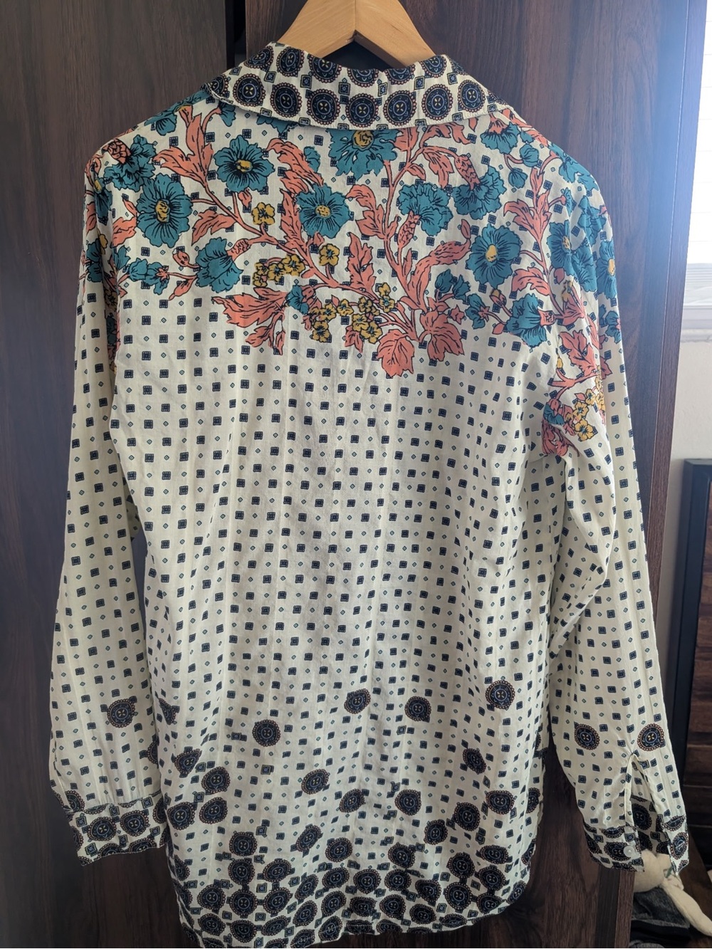 Printed Button-Up Blouse with Coral Floral Accents - Picture 5 of 5